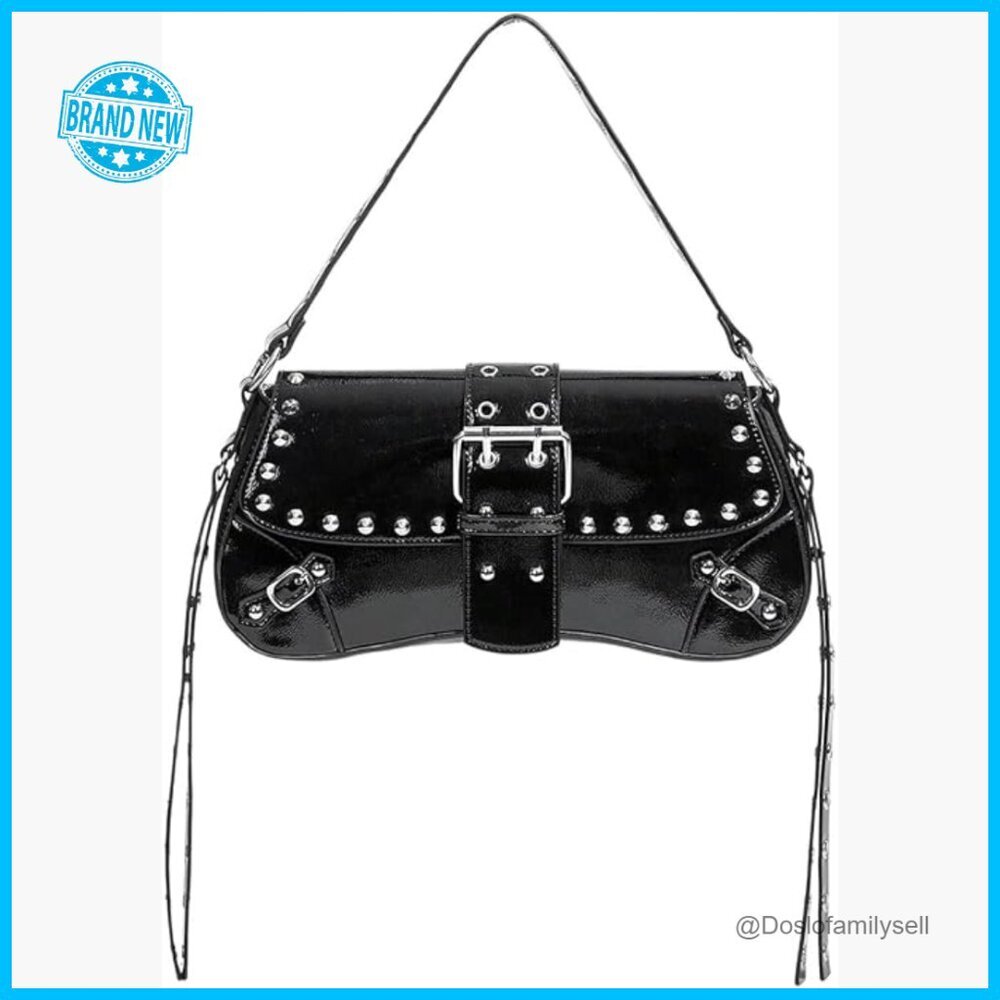 Y2K Punk Studded Leather Shoulder Bag Hobo Style Goth Trendy Purse